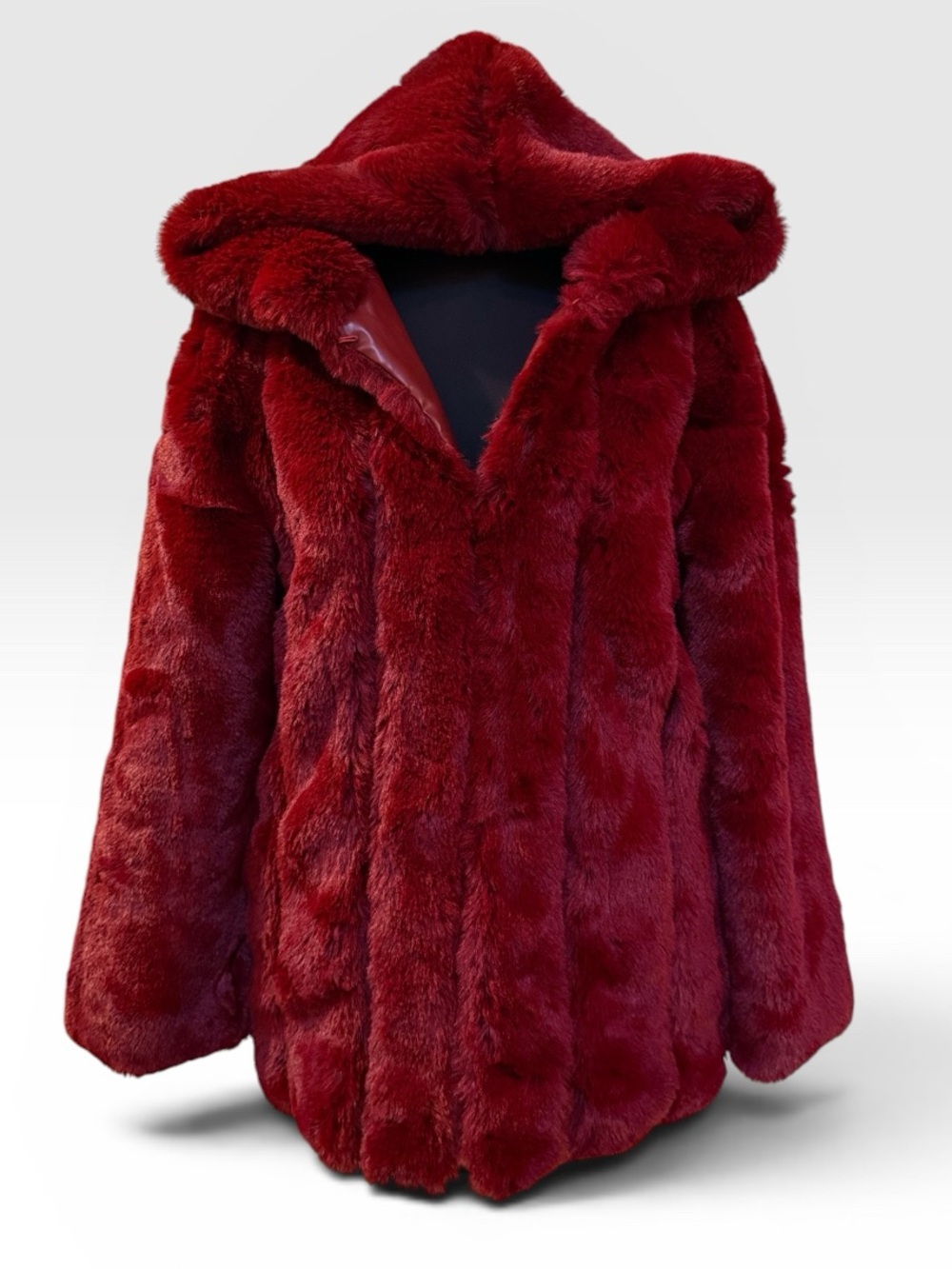 Women's Bold Red Wine Faux Fur Hooded Coat